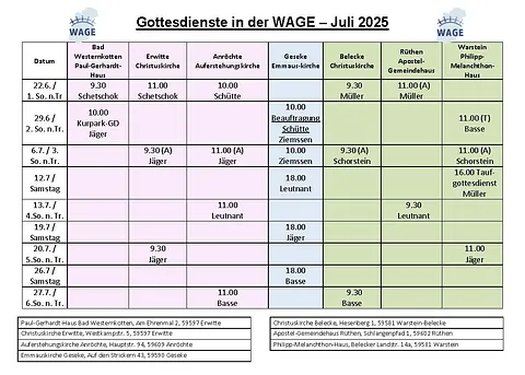 Gottesdienstplan Juli 2025