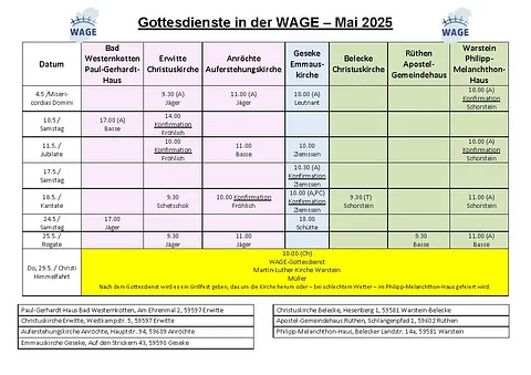 Gottesdienstplan Mai 2025