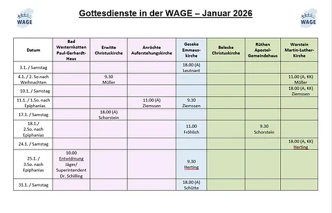 Der Gottesdienstplan der WAGE-REgion im aktuellen Monat