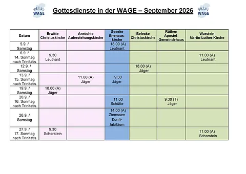 Der Gottesdienstplan der WAGE-REgion im aktuellen Monat