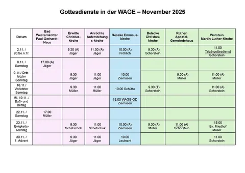 Der Gottesdienstplan der WAGE-REgion im aktuellen Monat