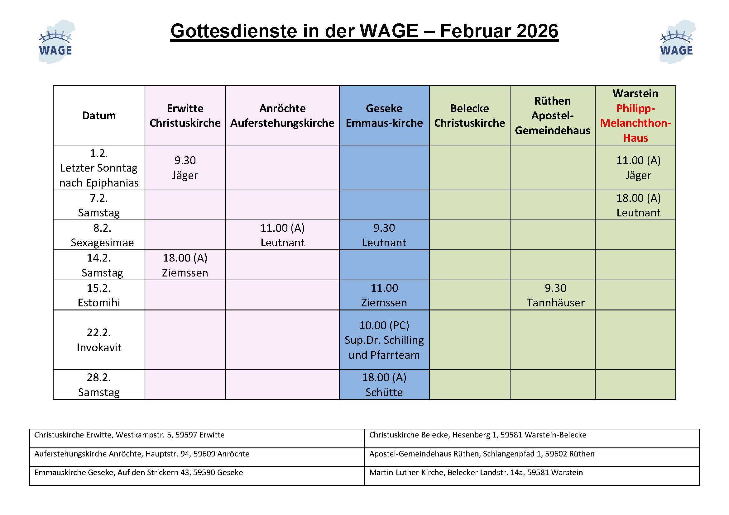 Der Gottesdienstplan der WAGE-REgion im aktuellen Monat