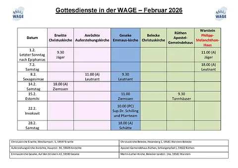 Der Gottesdienstplan der WAGE-REgion im aktuellen Monat