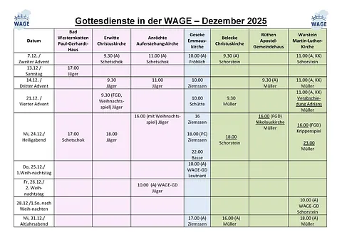 Der Gottesdienstplan der WAGE-REgion im aktuellen Monat