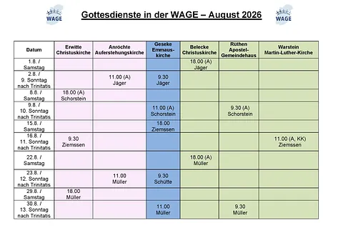 Der Gottesdienstplan der WAGE-REgion im aktuellen Monat