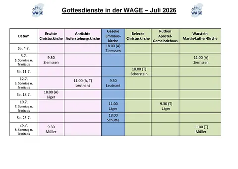 Der Gottesdienstplan der WAGE-REgion im aktuellen Monat