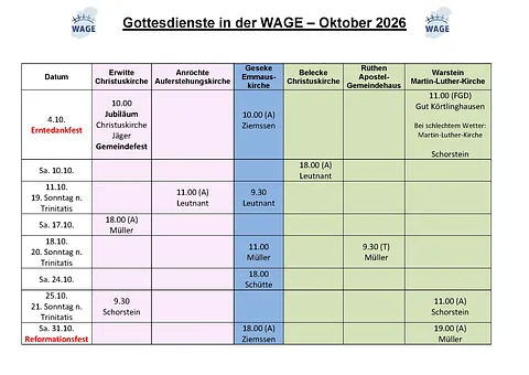 Der Gottesdienstplan der WAGE-REgion im aktuellen Monat