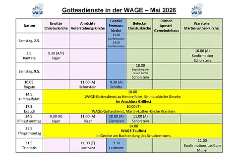 Der Gottesdienstplan der WAGE-REgion im aktuellen Monat