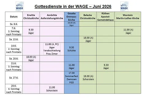 Der Gottesdienstplan der WAGE-REgion im aktuellen Monat
